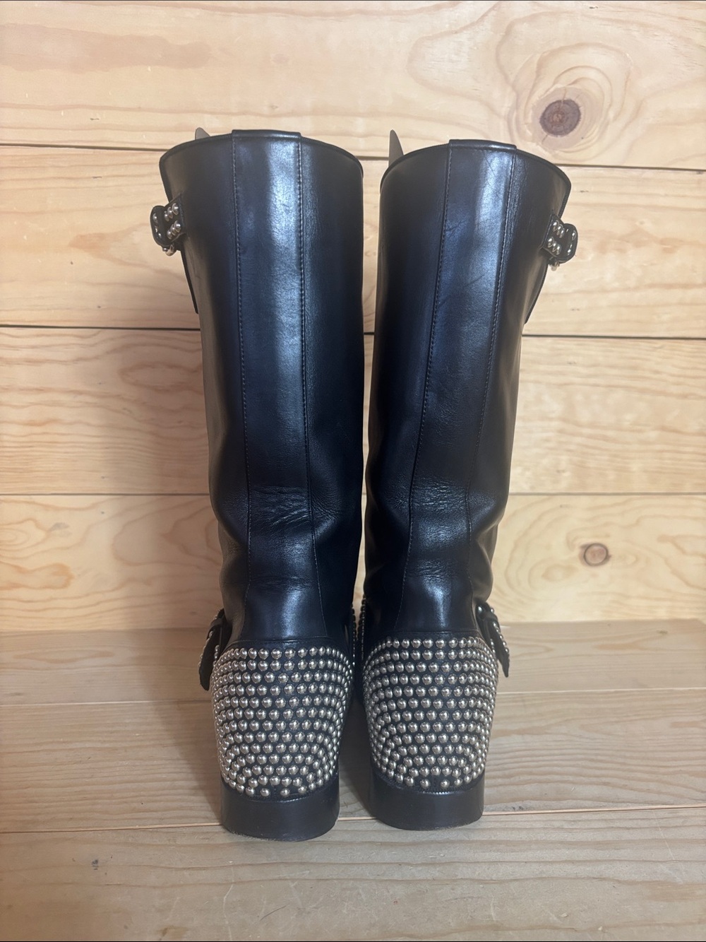 Christian Louboutin black leather studded moto boots 37 1/2 - Picture 11 of 16